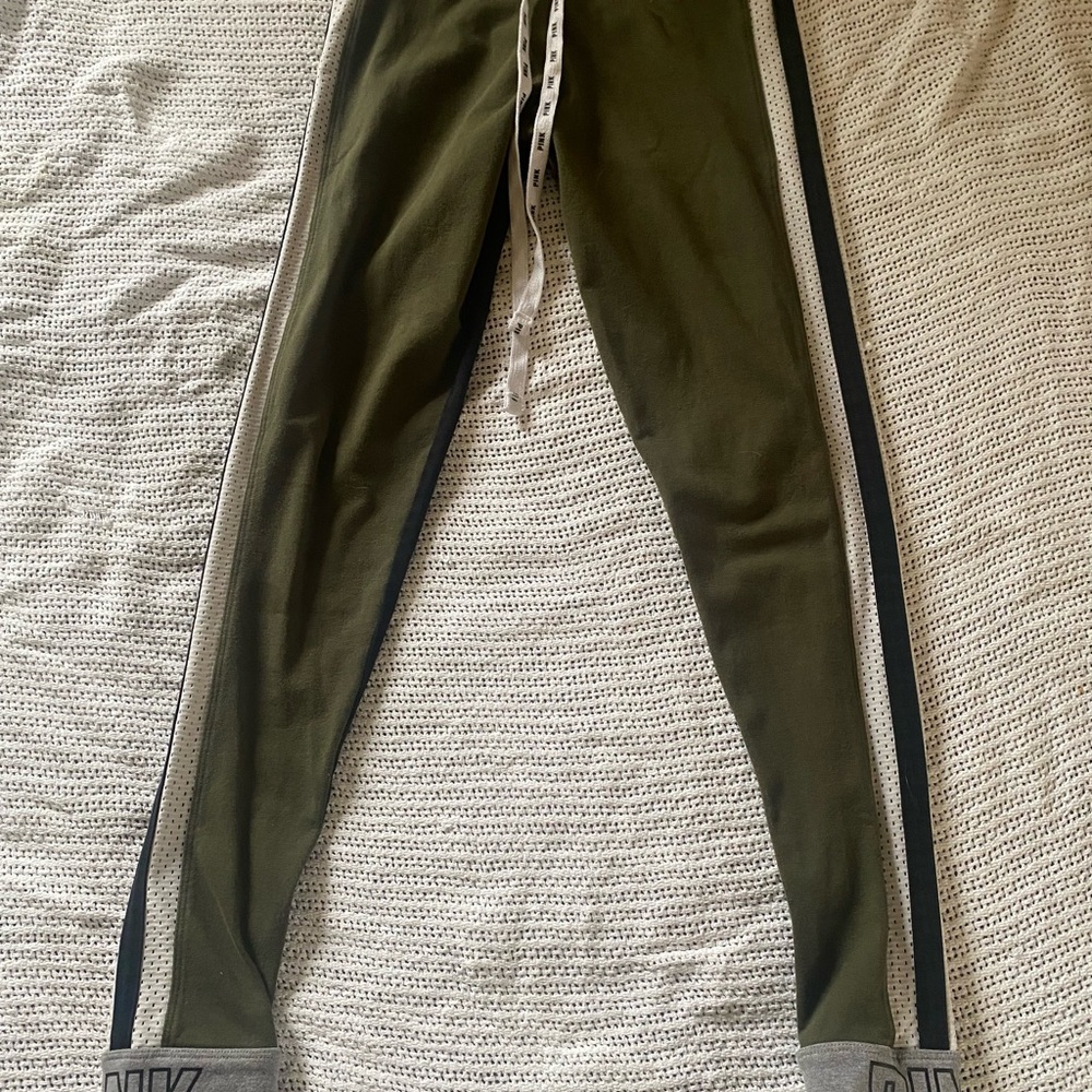 PINK Victoria's Secret Green Track Pants with White Stripes